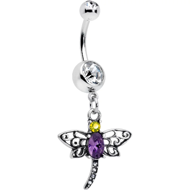 Beautiful Belly Rings for Elegant Appeal -Clear Yellow Purple Gem Dragonfly Dangle Belly Ring Beautiful Belly Rings for Elegant Appeal -Clear Yellow Purple Gem Dragonfly Dangle Belly Ring