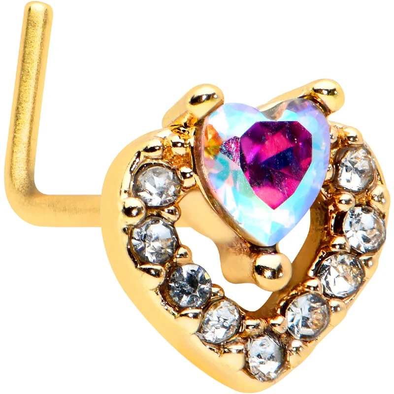 Nose Rings for Simple Looks -20 Gauge 1/4 Aurora Gem Gold Tone Rococo Heart L Shape Nose Ring Nose Rings for Simple Looks -20 Gauge 1/4 Aurora Gem Gold Tone Rococo Heart L Shape Nose Ring