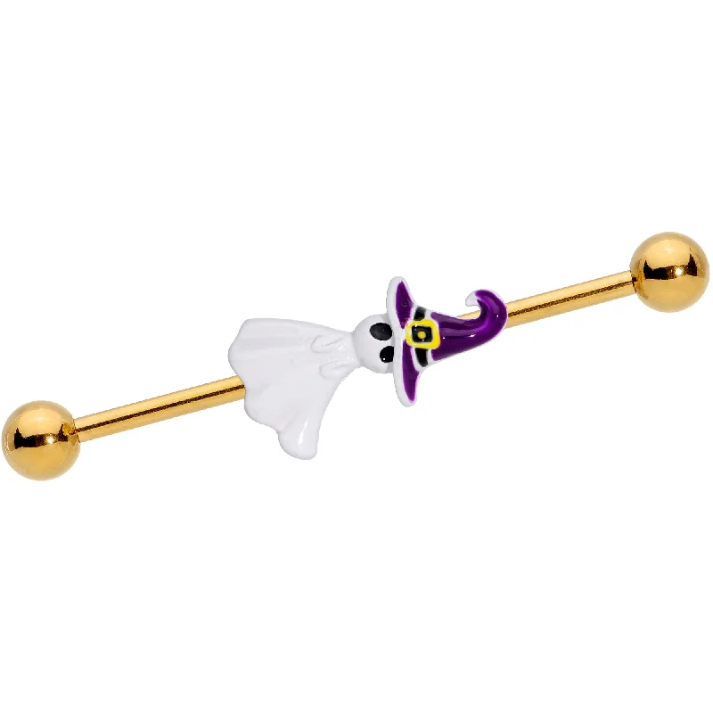 Women's Earrings – Elegant Designs for Every Personality--14 Gauge Gold Tone Ghost Witch Halloween Industrial Barbell 38mm