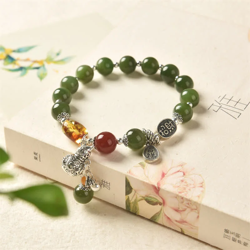 Sleek Gold Bangles for Women-Buddha Stones 925 Sterling Silver Hetian Cyan Jade Gourd Amber Success Bracelet Sleek Gold Bangles for Women-Buddha Stones 925 Sterling Silver Hetian Cyan Jade Gourd Amber Success Bracelet