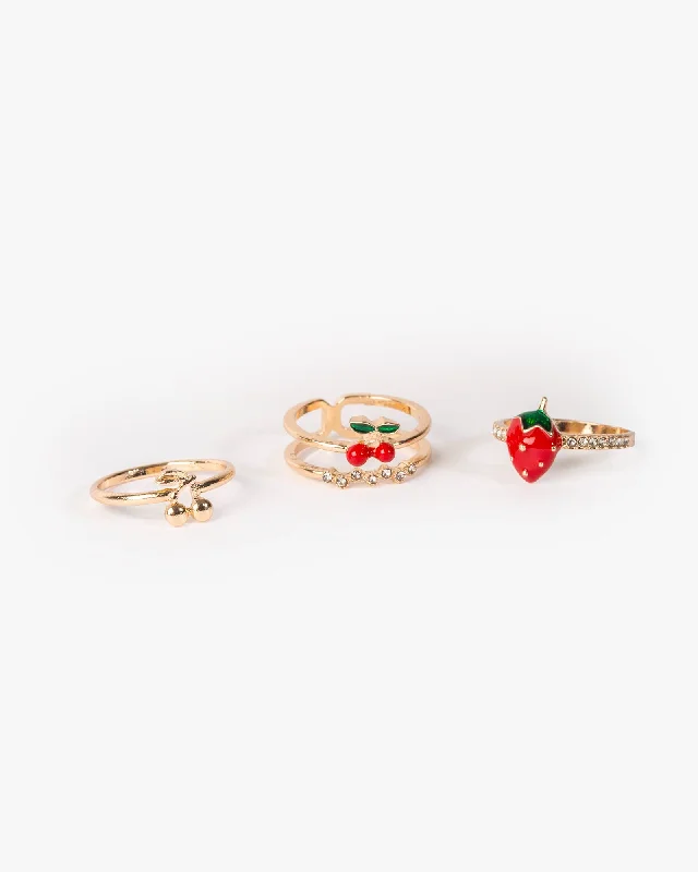 Chic Women's Rings for Fashion-Forward Looks-Multi Colour Strawberry Ring 3 Pack