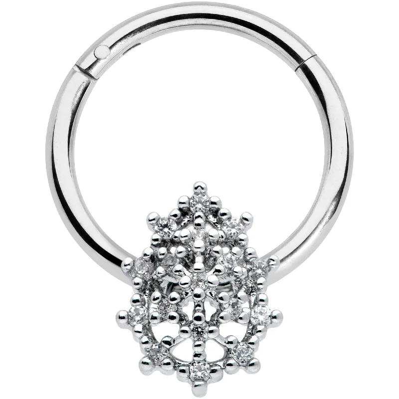 Gold Nose Rings -16 Gauge 3/8 Clear CZ Gem Nubbly Textured Drop Hinged Segment Ring