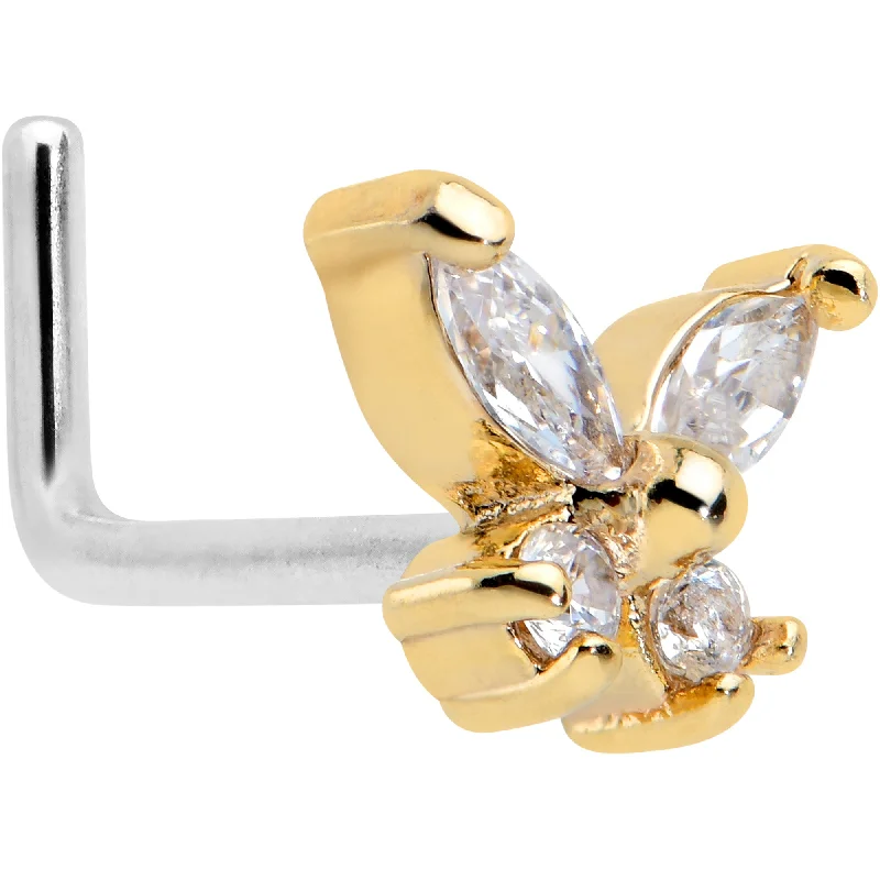 Stylish Nose Rings with Personalized Touch -20 Gauge 1/4 Clear CZ Gem Butterfly Golden Beauty L Shape Nose Ring Stylish Nose Rings with Personalized Touch -20 Gauge 1/4 Clear CZ Gem Butterfly Golden Beauty L Shape Nose Ring