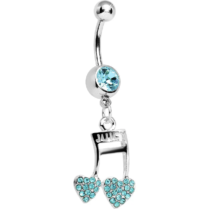 Designer Belly Rings for Exclusive Style -Aqua Gem Paved Music Note Hearts Dangle Belly Ring Designer Belly Rings for Exclusive Style -Aqua Gem Paved Music Note Hearts Dangle Belly Ring
