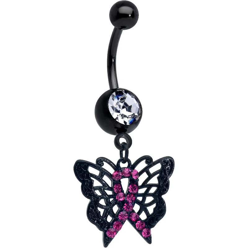 Designer Belly Rings with Creative Details -Pink Clear Gem Black Butterfly Beauty In Flight Dangle Belly Ring Designer Belly Rings with Creative Details -Pink Clear Gem Black Butterfly Beauty In Flight Dangle Belly Ring