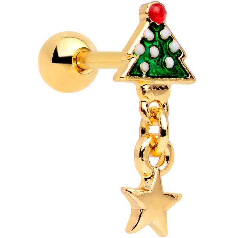 Women's Earrings – Elegant Designs for Every Personality--16 Gauge 1/4 Red Gem Gold Tone Tree Christmas Dangle Cartilage Tragus