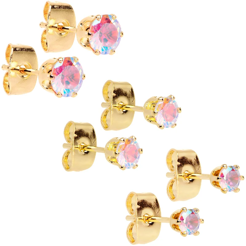 Women's Earrings – Elegant Designs for Every Personality--20 Gauge Aurora CZ Gem Gold Tone 3mm to 5mm Post Stud Earring Set of 3