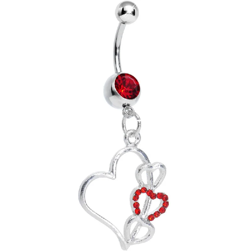 Belly Rings with Shiny Finishes for Unique Look -Red Gem Hollow Heart Triple Dangle Belly Ring Belly Rings with Shiny Finishes for Unique Look -Red Gem Hollow Heart Triple Dangle Belly Ring