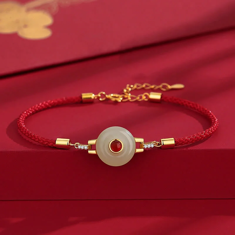 Durable Bracelets for Men-Buddha Stones Red String Hetian Jade Peace Buckle 925 Silver Strength Bracelet Durable Bracelets for Men-Buddha Stones Red String Hetian Jade Peace Buckle 925 Silver Strength Bracelet