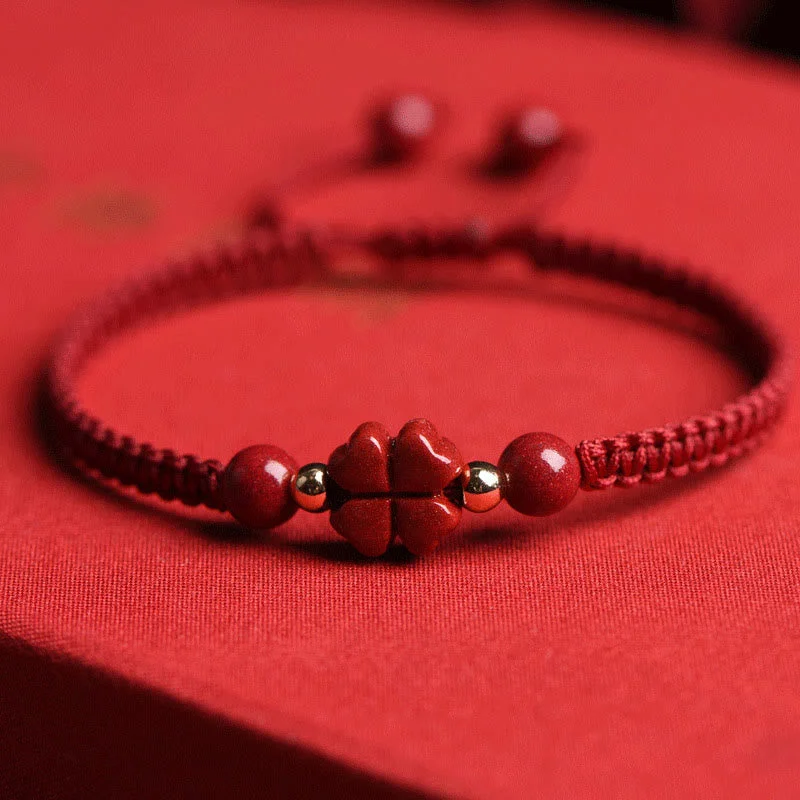 Men's Bracelets with Engraved Initials-Buddha Stones Four Leaf Clover Five-petal Flower Cinnabar Blessing Red String Bracelet Men's Bracelets with Engraved Initials-Buddha Stones Four Leaf Clover Five-petal Flower Cinnabar Blessing Red String Bracelet