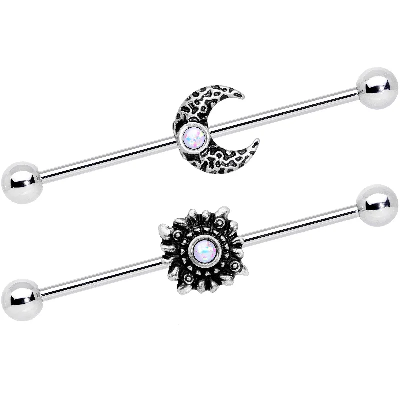 Women's Earrings – Elegant Designs for Every Personality--14 Gauge White Faux Opal Sun Moon Industrial Barbell Set 38mm Women's Earrings – Elegant Designs for Every Personality--14 Gauge White Faux Opal Sun Moon Industrial Barbell Set 38mm