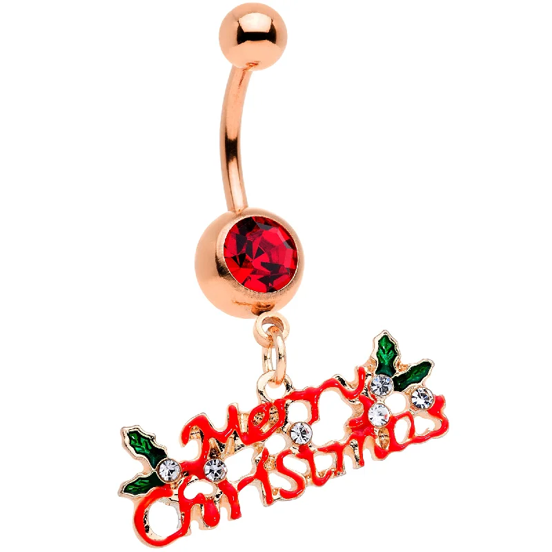 Unique Belly Rings for Bold Fashion Choices -Red Gem Rose Gold Tone Merry Christmas Dangle Belly Ring Unique Belly Rings for Bold Fashion Choices -Red Gem Rose Gold Tone Merry Christmas Dangle Belly Ring