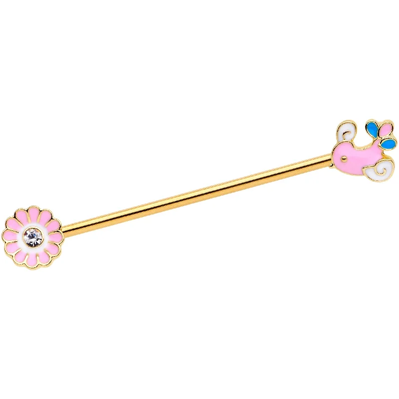 Women's Earrings – Elegant Designs for Every Personality--14 Gauge Clear Gem Gold Tone Pink Bird Flower Industrial Barbell 38mm