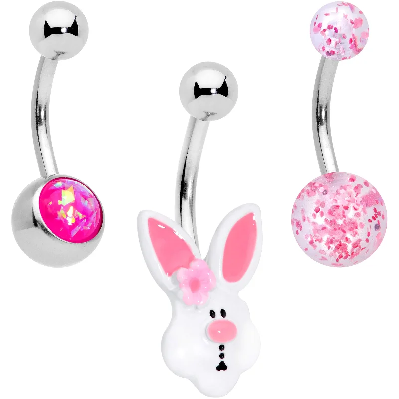 Belly Rings for Piercings -Pink Faux Opal Easter Bunny Belly Ring Set of 3