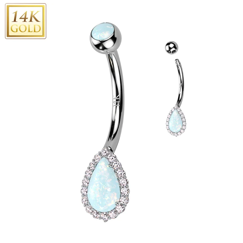 Custom Belly Rings with Personalized Designs -14kt Solid White Gold CZ Synthetic Opal Deco Tear Drop Belly Ring Custom Belly Rings with Personalized Designs -14kt Solid White Gold CZ Synthetic Opal Deco Tear Drop Belly Ring