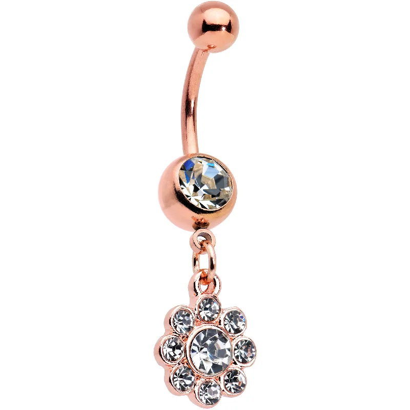 Comfortable Belly Rings for Sensitive Skin -Clear Gem Rose Gold Tone Whimsy Flower Dangle Belly Ring Comfortable Belly Rings for Sensitive Skin -Clear Gem Rose Gold Tone Whimsy Flower Dangle Belly Ring