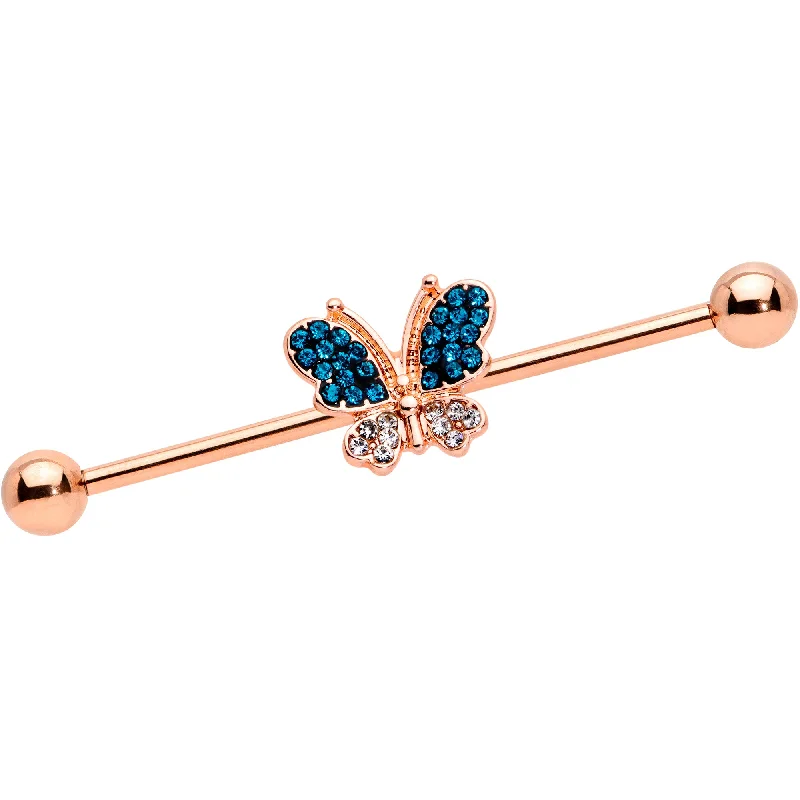 Women's Earrings – Elegant Designs for Every Personality--14 Gauge Aqua Gem Rose Gold Hue Butterfly Industrial Barbell 38mm Women's Earrings – Elegant Designs for Every Personality--14 Gauge Aqua Gem Rose Gold Hue Butterfly Industrial Barbell 38mm