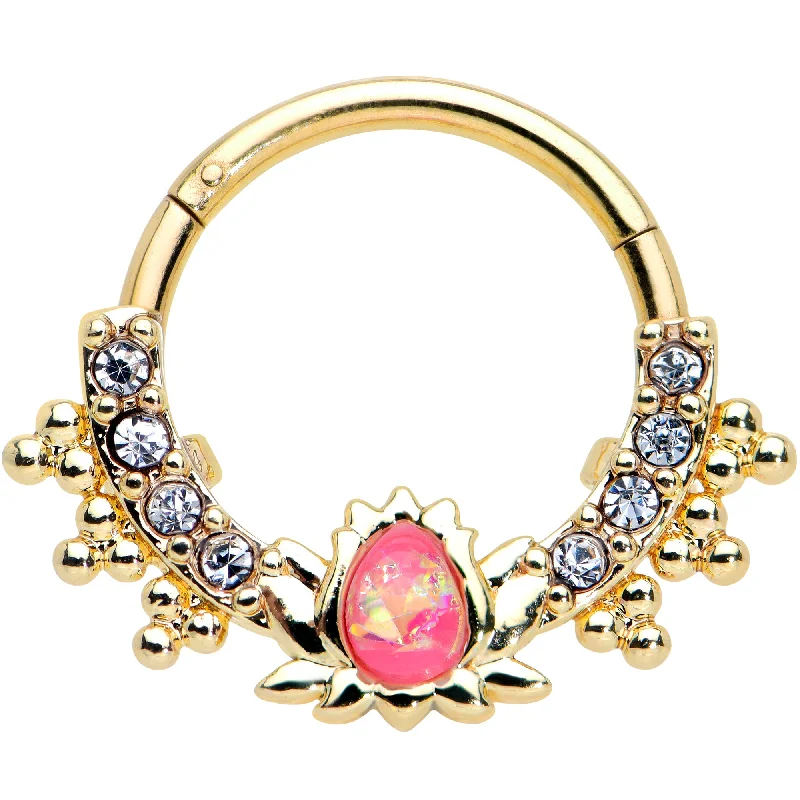 Trendy and Comfortable Nose Rings for Every Day -16 Gauge 3/8 Pink Faux Opal Gold Tone Style Lotus Hinged Segment Ring Trendy and Comfortable Nose Rings for Every Day -16 Gauge 3/8 Pink Faux Opal Gold Tone Style Lotus Hinged Segment Ring