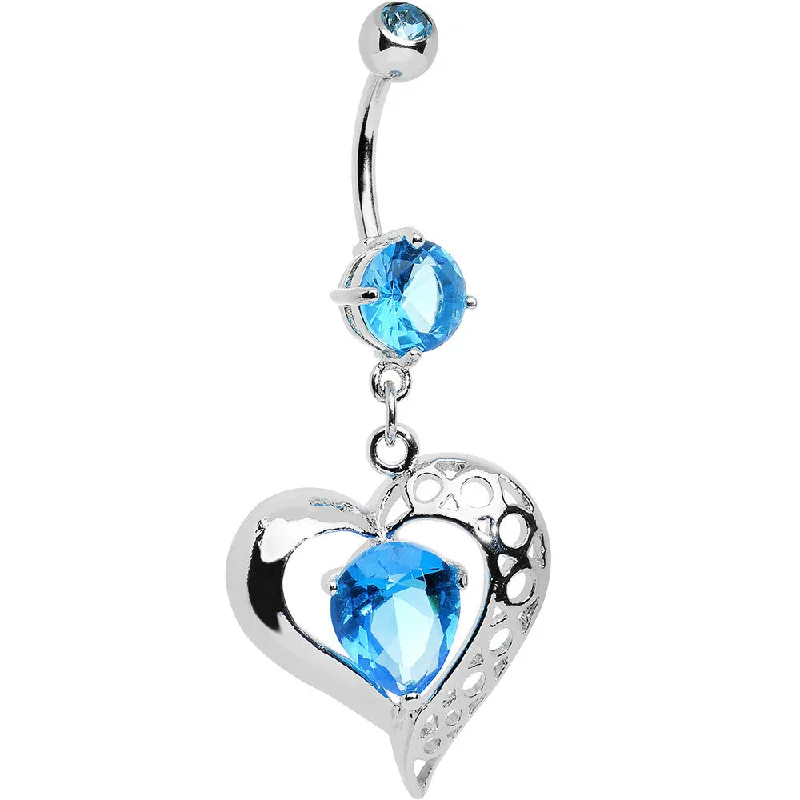 Belly Rings with Stone Accents for Elegant Style -Aqua CZ Tender Heart Dangle Belly Ring Belly Rings with Stone Accents for Elegant Style -Aqua CZ Tender Heart Dangle Belly Ring