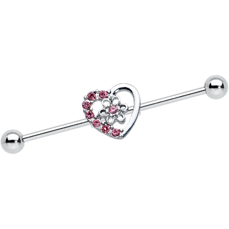 Women's Earrings – Elegant Designs for Every Personality--14 Gauge Pink Gem Floral Hollow Heart Industrial Barbell 38mm