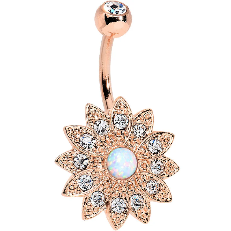 Sparkling Belly Rings with Radiant Stones -White Faux Opal Clear Rose Gold Plated Fancy Sparkle Flower Belly Ring Sparkling Belly Rings with Radiant Stones -White Faux Opal Clear Rose Gold Plated Fancy Sparkle Flower Belly Ring