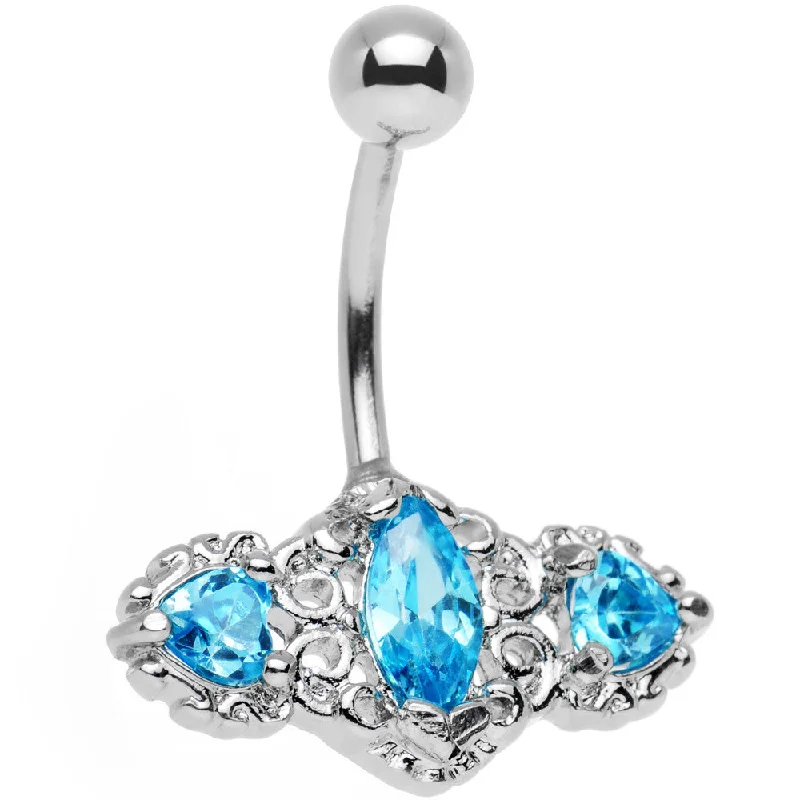 Belly Rings with Unique Charms for Personalized Touch -Aqua Triple Gem Deco Frame Bottom Mount Belly Ring Belly Rings with Unique Charms for Personalized Touch -Aqua Triple Gem Deco Frame Bottom Mount Belly Ring