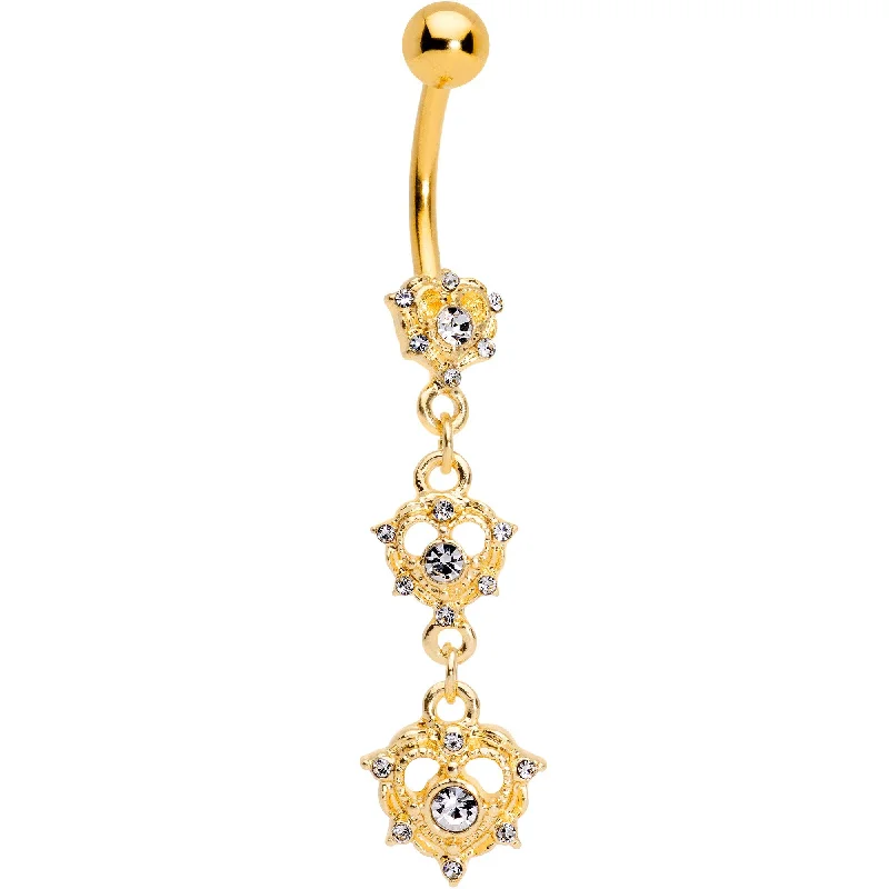 Belly Rings for Elegant Fashion -Clear CZ Gem Gold Tone Anodized Triple Heart Dangle Belly Ring Belly Rings for Elegant Fashion -Clear CZ Gem Gold Tone Anodized Triple Heart Dangle Belly Ring