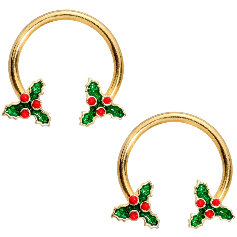 Unique Lip Rings for Creative Piercings14 Gauge 9/16 Gold Tone Holly Christmas Horseshoe Nipple Ring Set Unique Lip Rings for Creative Piercings14 Gauge 9/16 Gold Tone Holly Christmas Horseshoe Nipple Ring Set