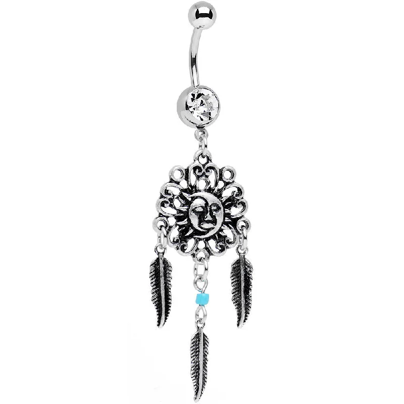 Designer Belly Rings for Exclusive Looks -Clear Gem Sun and Moon Feather Celestial Daydream Dangle Belly Ring Designer Belly Rings for Exclusive Looks -Clear Gem Sun and Moon Feather Celestial Daydream Dangle Belly Ring