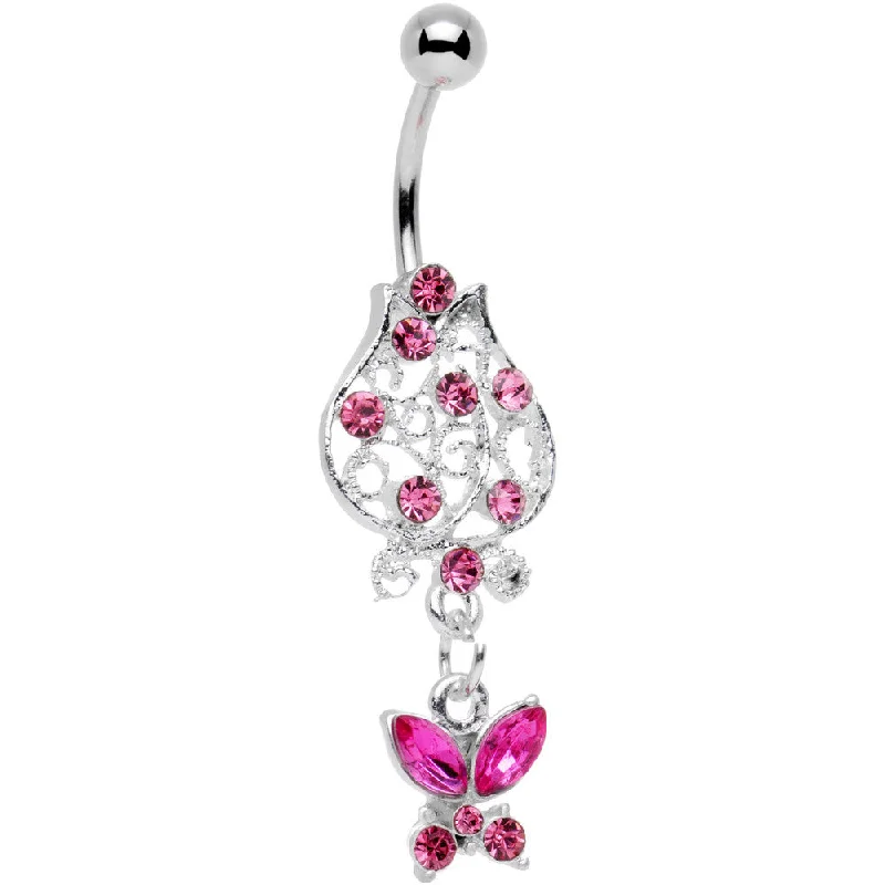 Beautiful Belly Rings with Polished Shine -Pink Gem Framework Flower Butterfly Dangle Belly Ring Beautiful Belly Rings with Polished Shine -Pink Gem Framework Flower Butterfly Dangle Belly Ring