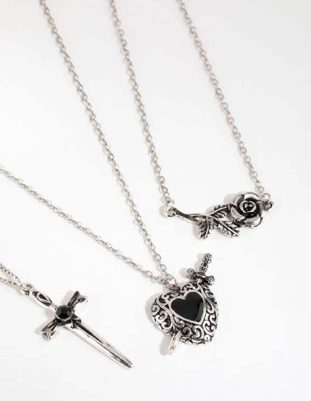 Shop Classic Women's  Necklaces & Pendants with a Modern Twist-Antique Silver Enamel Heart Layered Necklaces