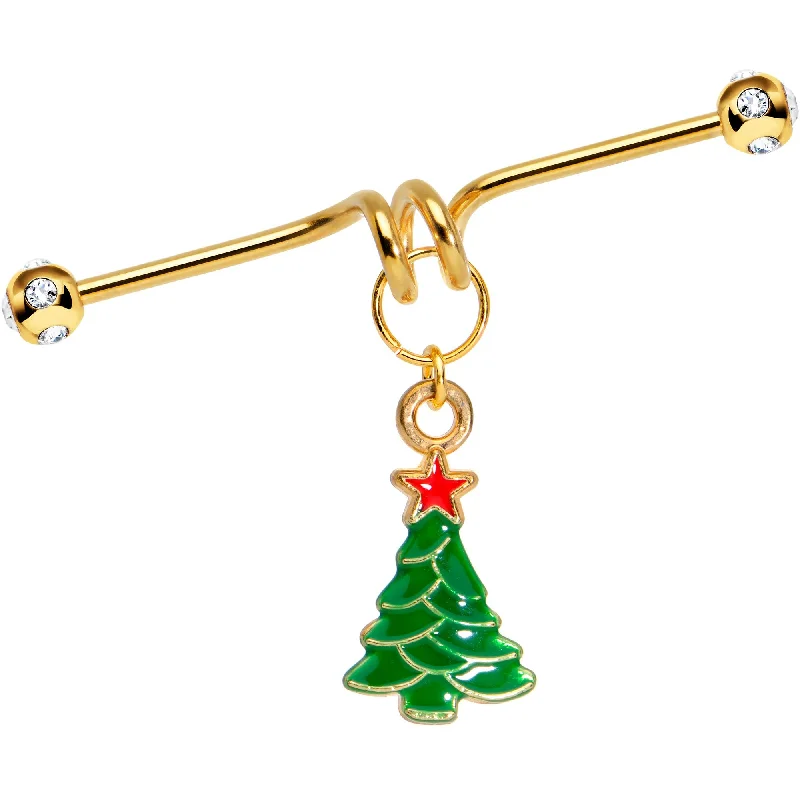 Women's Earrings – Elegant Designs for Every Personality--Gold Tone Anodized Christmas Tree Star Dangle Industrial Barbell 40mm Women's Earrings – Elegant Designs for Every Personality--Gold Tone Anodized Christmas Tree Star Dangle Industrial Barbell 40mm