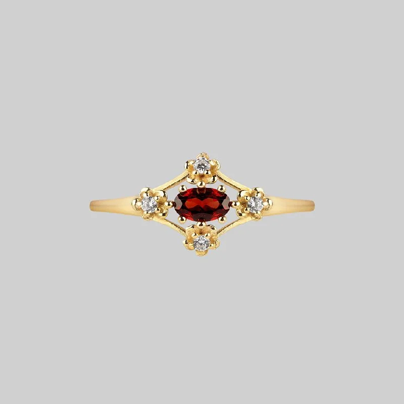 Chic Women's Rings for Fashion-Forward Looks-MARTHA. Ornate Garnet Floral Ring - Gold Chic Women's Rings for Fashion-Forward Looks-MARTHA. Ornate Garnet Floral Ring - Gold
