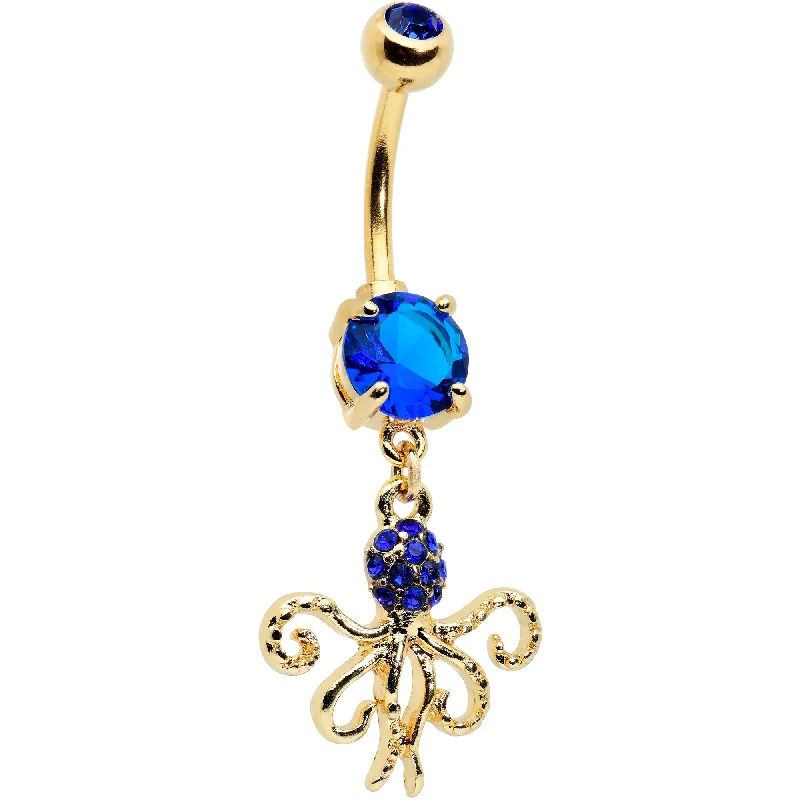 Comfortable Belly Rings for Fashion-Forward Women -Blue Gem Gold Tone Textured Blue Octopus Dangle Belly Ring Comfortable Belly Rings for Fashion-Forward Women -Blue Gem Gold Tone Textured Blue Octopus Dangle Belly Ring