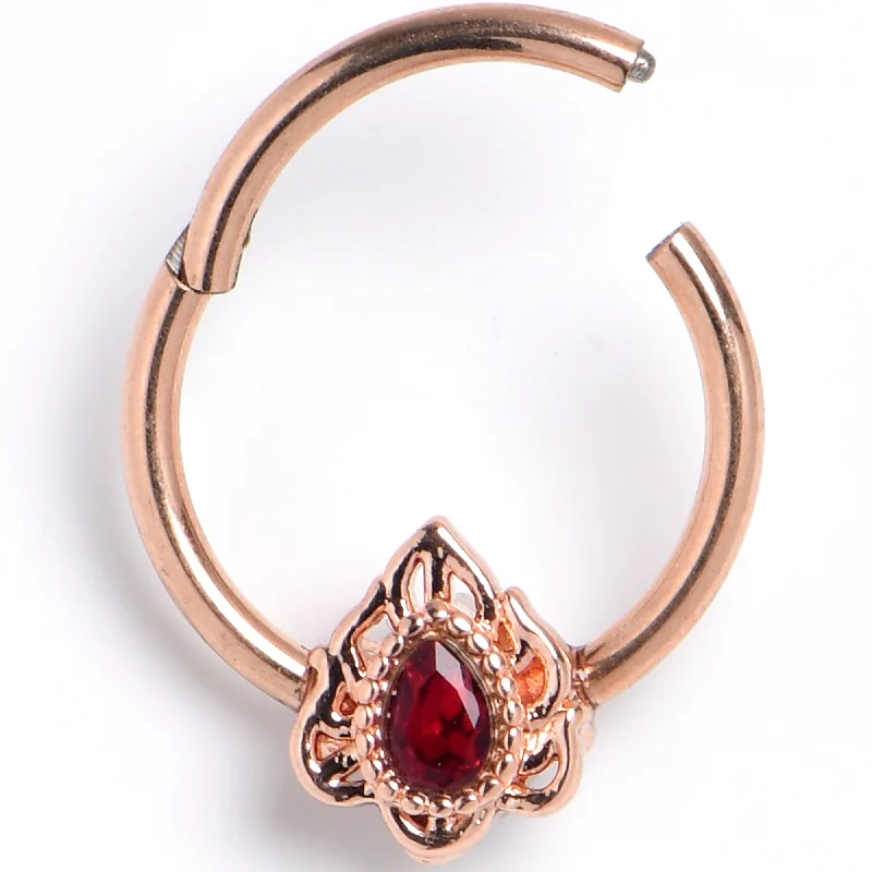 Nose Rings with Unique Designs for All -16 Gauge 3/8 Red Gem Rose Gold Tone Firey Flame Hinged Segment Ring Nose Rings with Unique Designs for All -16 Gauge 3/8 Red Gem Rose Gold Tone Firey Flame Hinged Segment Ring