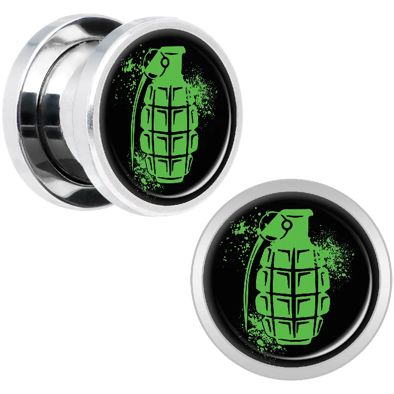 Women's Earrings – Elegant Designs for Every Personality--Green Grenade Steel Screw Fit Plug Set 00 Gauge Women's Earrings – Elegant Designs for Every Personality--Green Grenade Steel Screw Fit Plug Set 00 Gauge