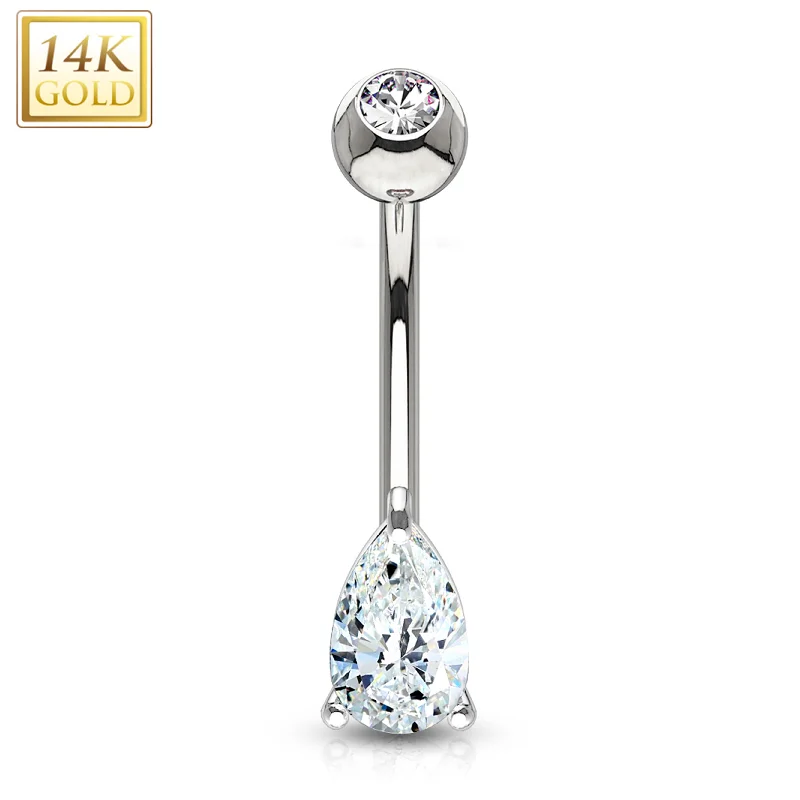 Belly Rings for Fashion Enthusiasts -14kt Solid White Gold 9mm CZ Deluxe Tear Drop Belly Ring Belly Rings for Fashion Enthusiasts -14kt Solid White Gold 9mm CZ Deluxe Tear Drop Belly Ring