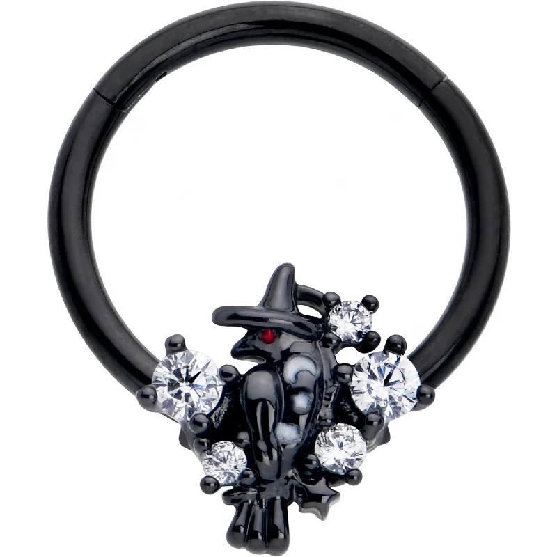 Nose Rings with Artistic Motifs -16 Gauge 3/8 Clear CZ Gem Black Raven Witch Hinged Segment Ring Nose Rings with Artistic Motifs -16 Gauge 3/8 Clear CZ Gem Black Raven Witch Hinged Segment Ring