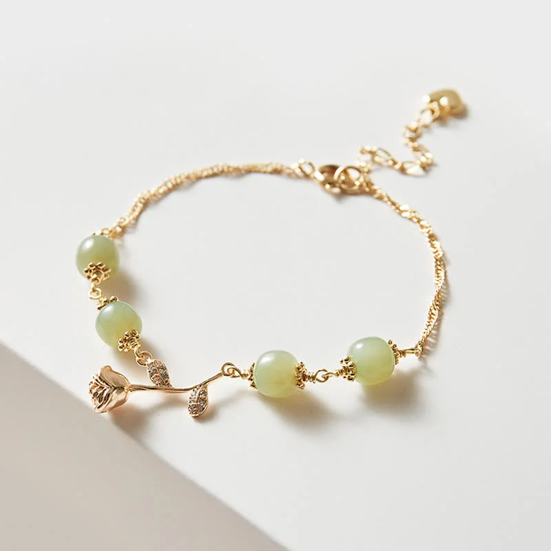 Modern Bangles for Women-Buddha Stones 14K Gold Plated Hetian Jade Golden Rose Flower Luck Chain Bracelet