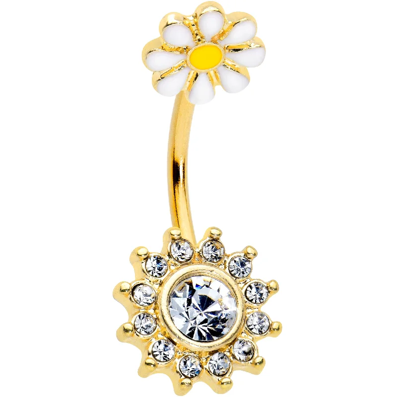 Stylish Belly Rings for Glamorous Appeal -Clear Gem Gold Tone Sun Daisy Flower Double Mount Belly Ring Stylish Belly Rings for Glamorous Appeal -Clear Gem Gold Tone Sun Daisy Flower Double Mount Belly Ring