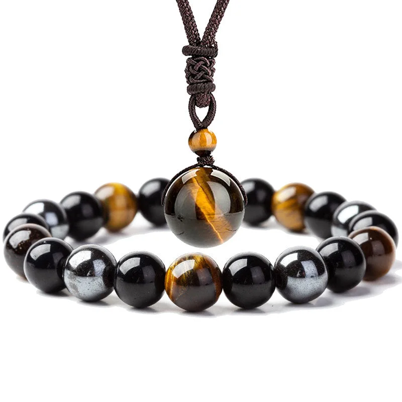 Men's Engraved Bracelets for Special Occasions-Buddha Stones Tibetan Tiger's Eye Bracelet Necklace Set