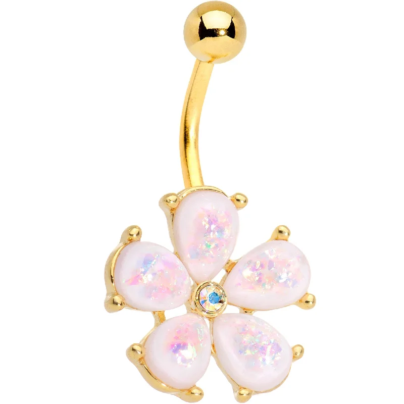 Trendy Belly Rings for Bold Fashion Statements -White Faux Opal Gold IP Five Petal Flower Belly Ring Trendy Belly Rings for Bold Fashion Statements -White Faux Opal Gold IP Five Petal Flower Belly Ring
