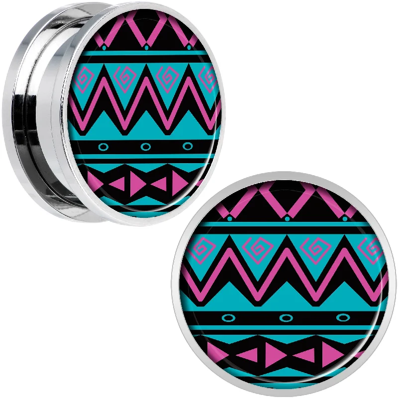 Women's Earrings – Elegant Designs for Every Personality--Pink Teal Tribal Print Steel Screw Fit Plug Set 20mm Women's Earrings – Elegant Designs for Every Personality--Pink Teal Tribal Print Steel Screw Fit Plug Set 20mm
