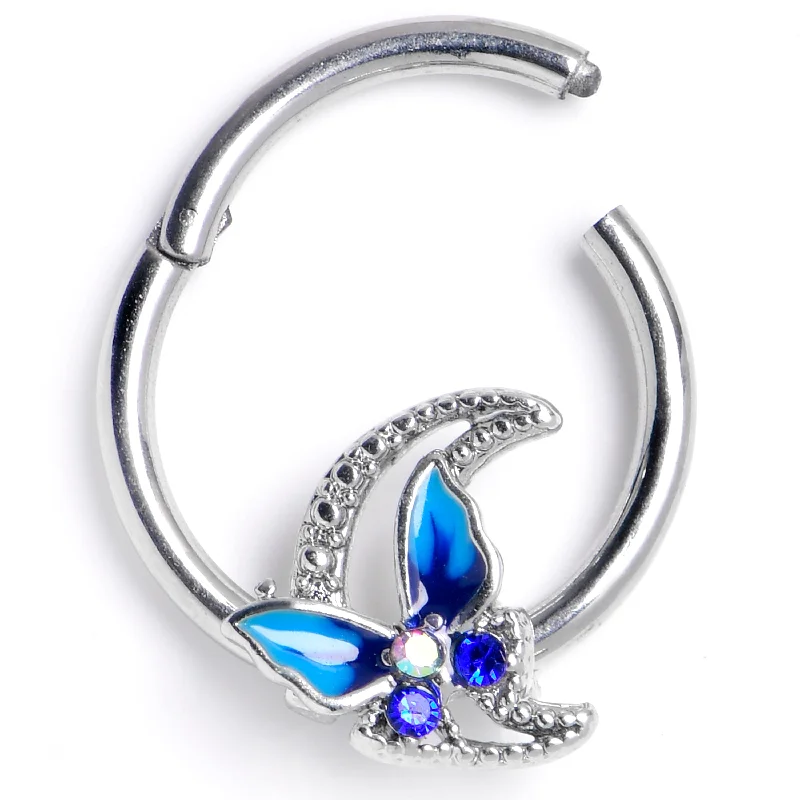 Nose Rings with Flower Motif -16 Gauge 3/8 Blue Gem Butterfly Blue Beauty Hinged Segment Ring Nose Rings with Flower Motif -16 Gauge 3/8 Blue Gem Butterfly Blue Beauty Hinged Segment Ring