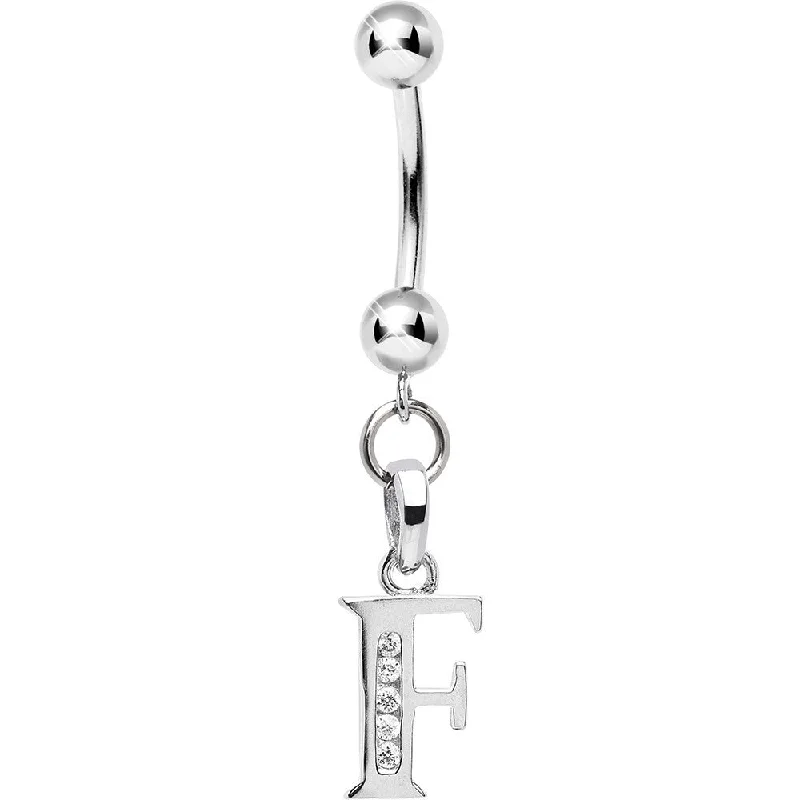 Beautiful Belly Rings with Dazzling Stones -16 Gauge Solid 14kt White Gold CZ Initial F Belly Ring Beautiful Belly Rings with Dazzling Stones -16 Gauge Solid 14kt White Gold CZ Initial F Belly Ring