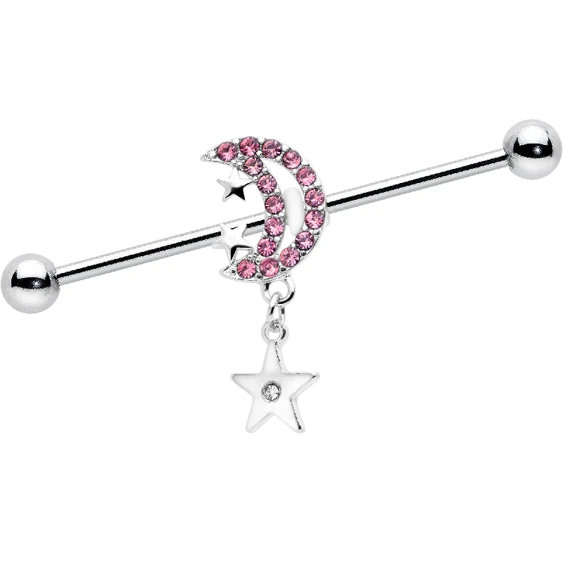 Women's Earrings – Elegant Designs for Every Personality--14 Gauge Pink CZ Gem Moon Dangle Star Industrial Barbell 38mm