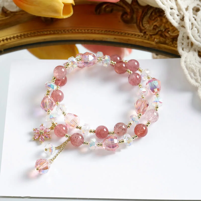 Personalized Gemstone Bangles for Women-Buddha Stones Strawberry Quartz Zircon Flower Healing Double Wrap Bracelet Personalized Gemstone Bangles for Women-Buddha Stones Strawberry Quartz Zircon Flower Healing Double Wrap Bracelet