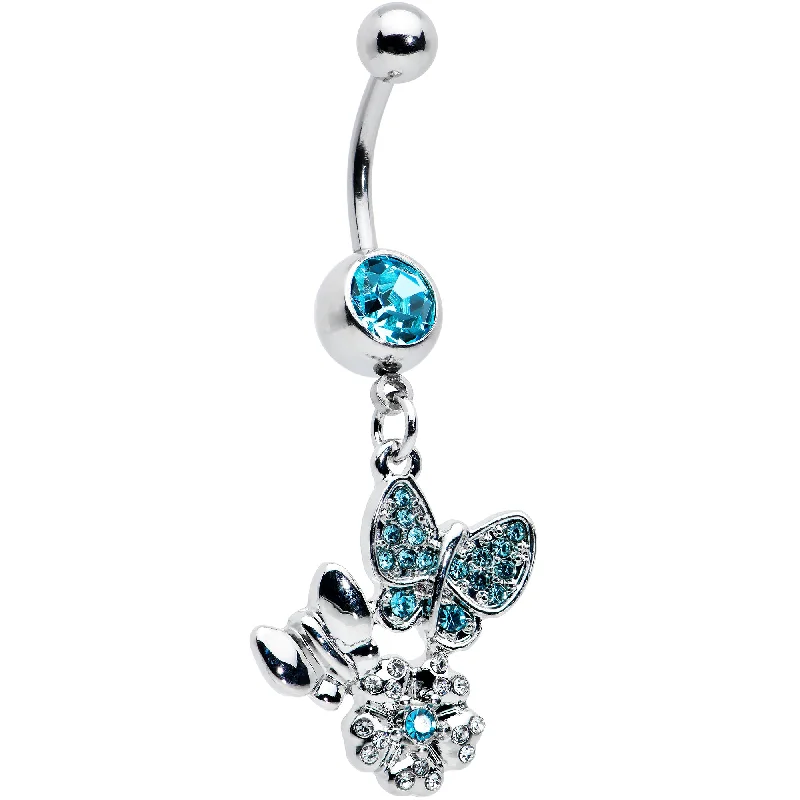 Comfortable Belly Rings for Long Wear -Blue Gem Butterflies Tiny Flower Dangle Belly Ring Comfortable Belly Rings for Long Wear -Blue Gem Butterflies Tiny Flower Dangle Belly Ring