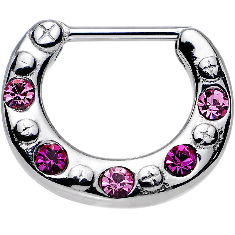 Elegant Nose Rings with Bold Details -16 Gauge 5/16 Pink and Dark Pink Gem Septum Clicker Elegant Nose Rings with Bold Details -16 Gauge 5/16 Pink and Dark Pink Gem Septum Clicker