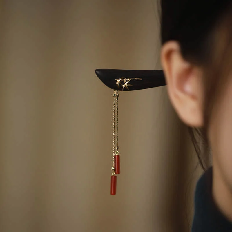 Buddha Stones Red Agate Ebony Wood Confidence Tassel Hairpin
